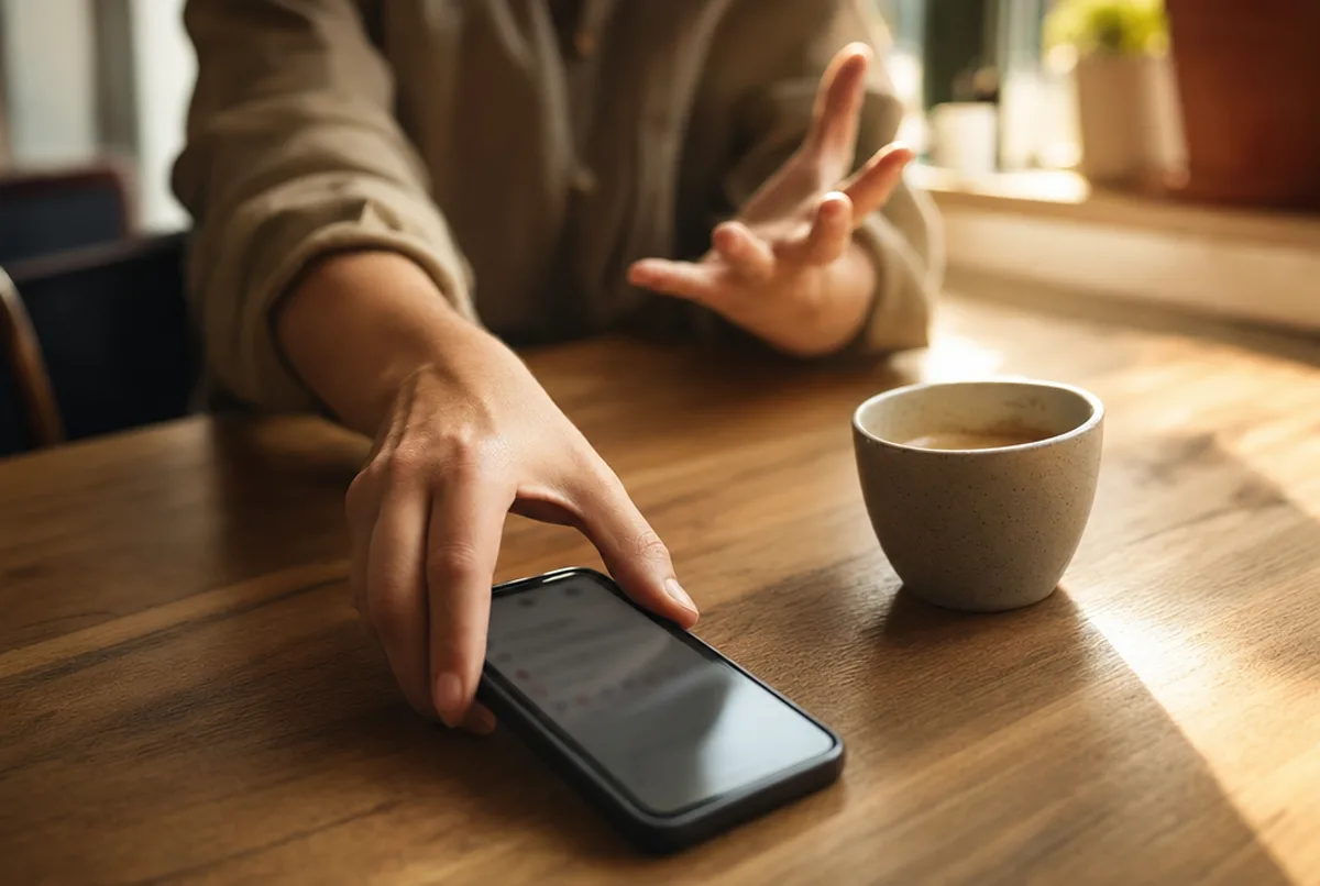 Une main s'apprête à reposer un smartphone d'un geste agacé, sur une table ensoleillée avec une tasse de café à côté.