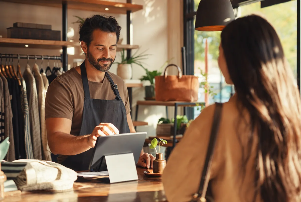Un commerçant derrière son comptoir consulte une tablette posée près de la caisse pendant qu'un client patiente, dans une boutique baignée de lumière chaude.