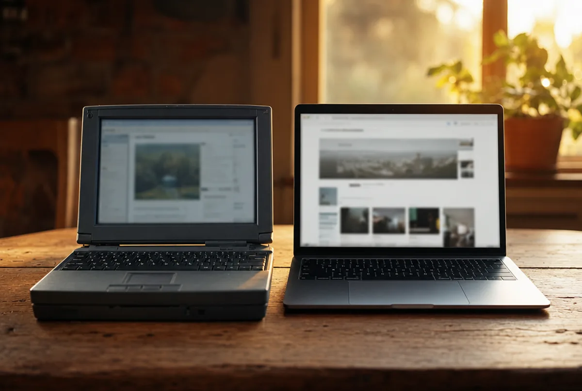 Un ordinateur portable ancien et un modèle récent côte à côte sur une table en bois dans une lumière dorée, leurs écrans affichant des pages web.