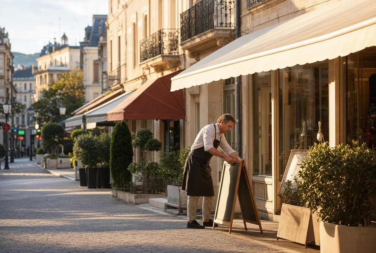 Une rue commerçante d'une ville thermale au petit matin, un commerçant sort son panneau devant sa boutique sous une lumière dorée.