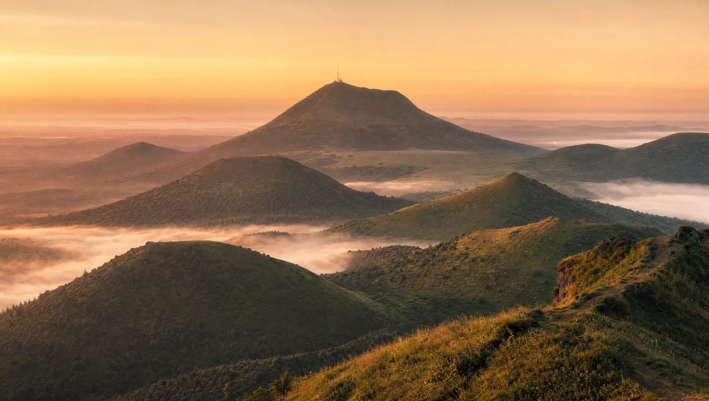 La Chaîne des Puys en Auvergne, au lever du soleil