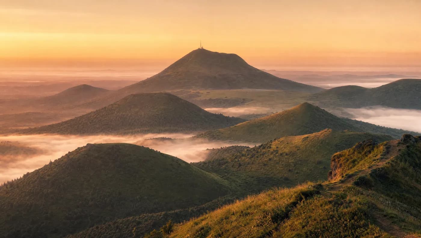 La Chaîne des Puys en Auvergne, au lever du soleil